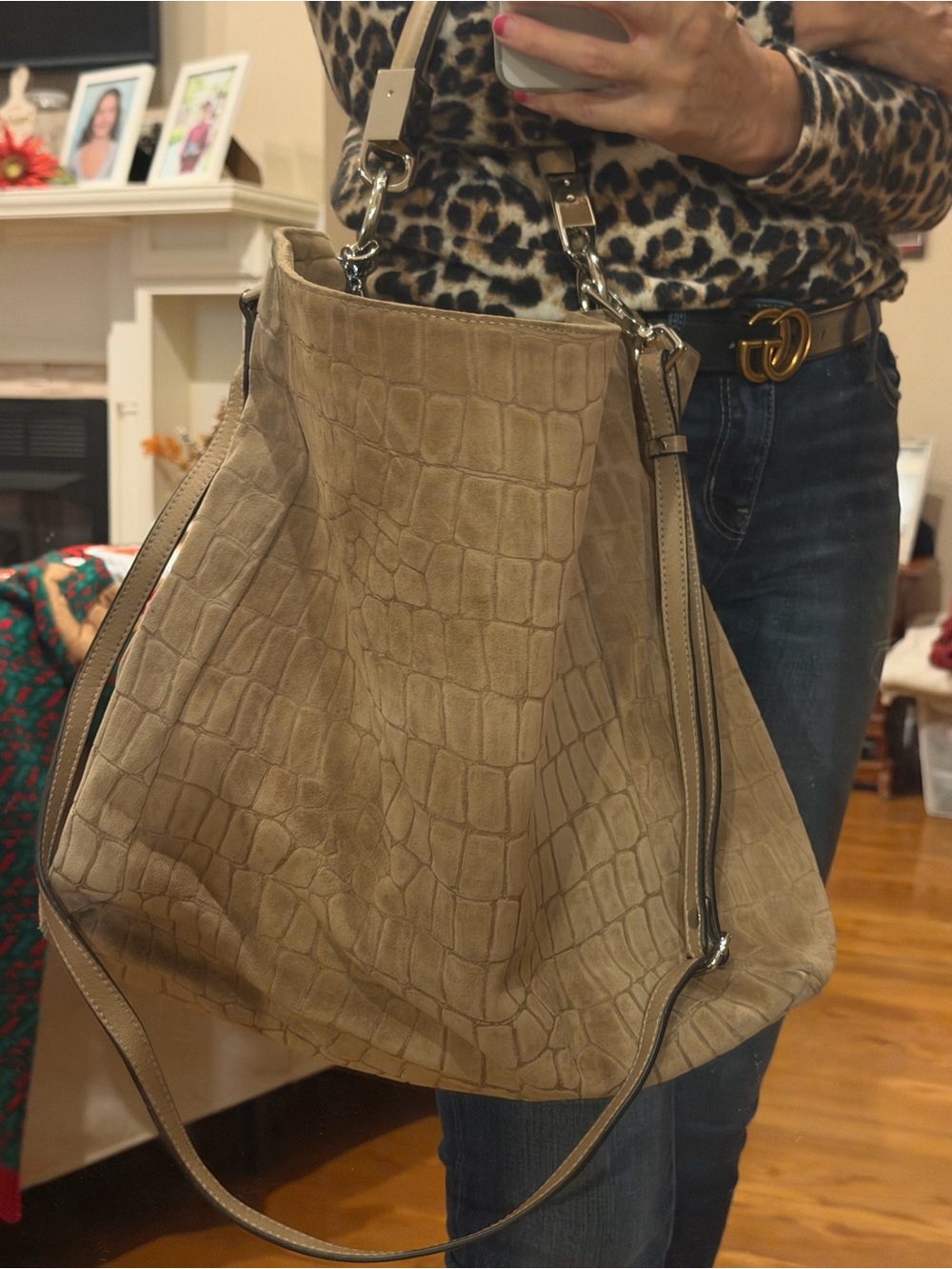 Beige Croc-Embossed Suede Shoulder Bag with Adjustable Strap